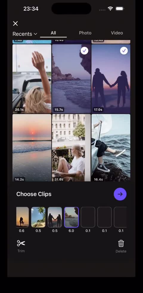 The camera roll picker with clips selected and the beat-timed slots filling below.